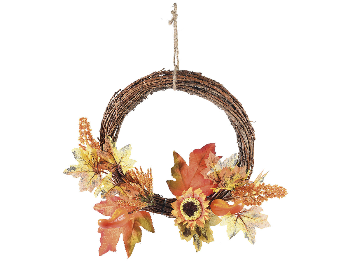 Ghirlanda d'autunno con zucche, foglie e fiori da appendere. Ø 24 cm.