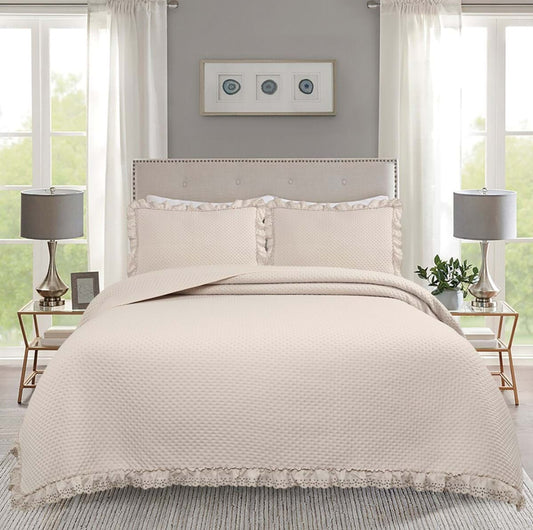Trapuntino matrimoniale Blanc Mariclo' serie Tutu con volant pizzo sangallo colore beige