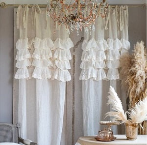 Tenda misto lino con volant colore beige 140x290cm. Blanc Mariclo'