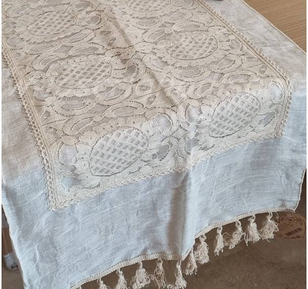 Runner Centrotavola in Misto Lino e Pizzo con Frange Blanc Mariclo' Collezione Dentelle