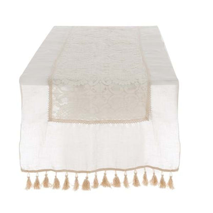 Runner Centrotavola in Misto Lino e Pizzo con Frange Blanc Mariclo' Collezione Dentelle