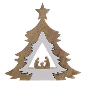 Decoro albero con nativita' Blanc Mariclo' legno smaltato bianco