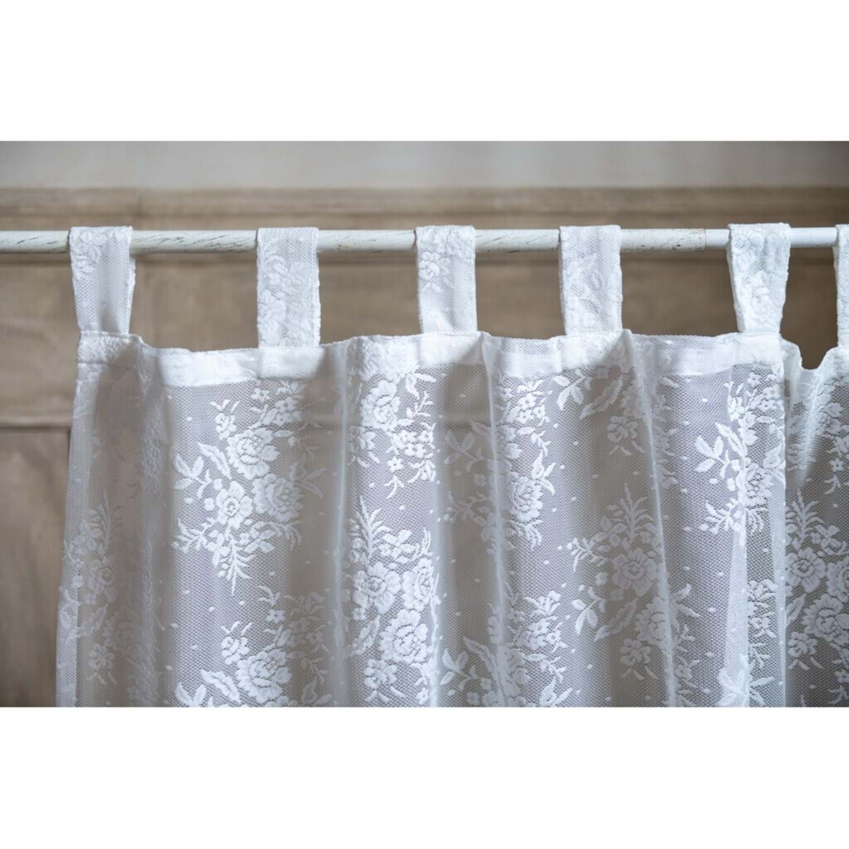 Coppia tenda shabby chic pizzo motivo floreale, serie Dentelle di Blanc Mariclo. Misura 150 x 290 cm.
