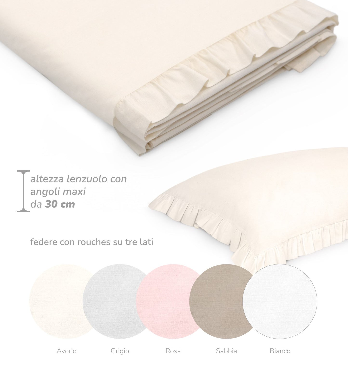 Completo lenzuola in cotone matrimoniale con rouche