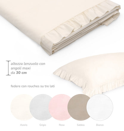 Completo lenzuola in cotone matrimoniale con rouche