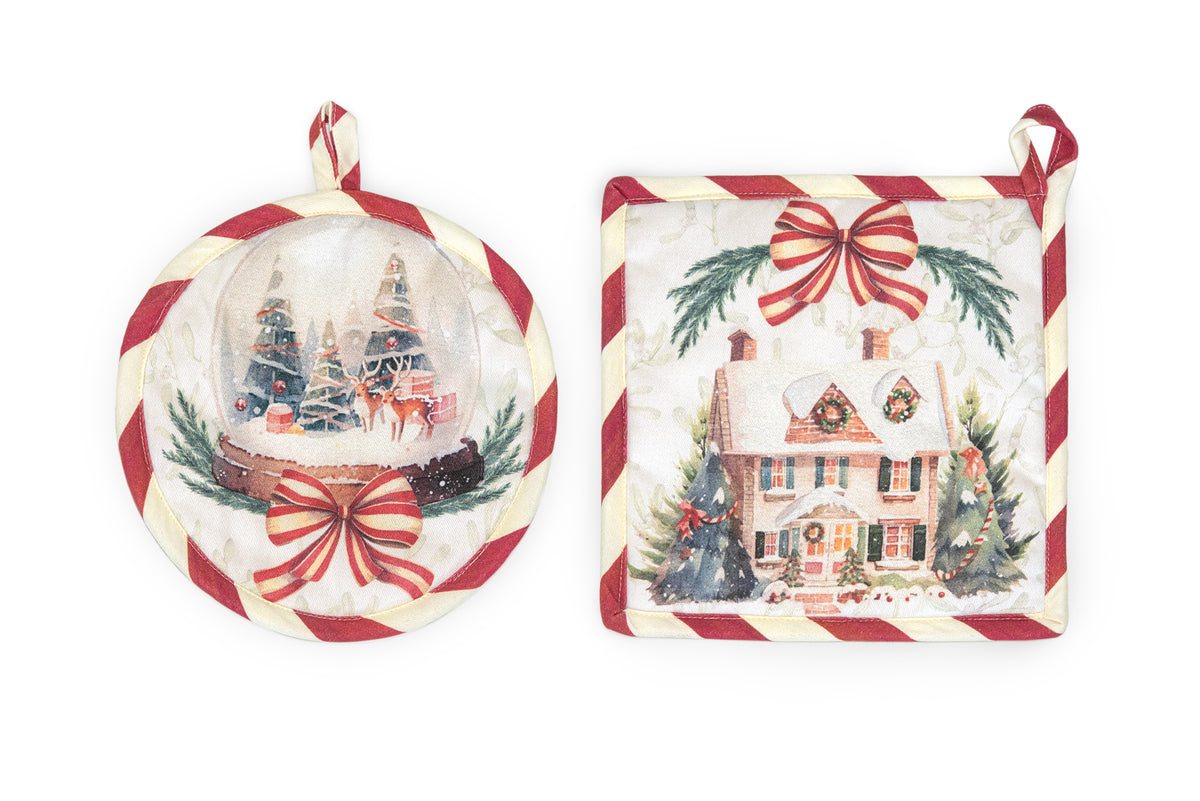 Coppia presine, rotonda e quadrata "Christmas Day" (20x20cm), retro stampa a righe.