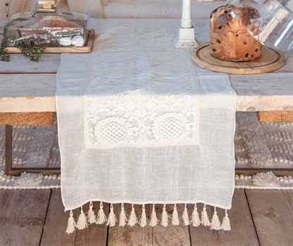 Runner Centrotavola in Misto Lino e Pizzo con Frange Blanc Mariclo' Collezione Dentelle