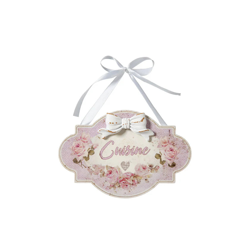 Targhetta cuisine rosa da appendere con fiocco in legno MDF
