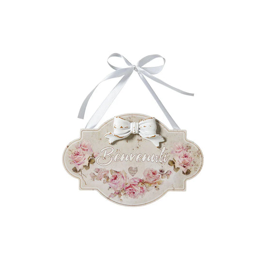 Targhetta "Benvenuti" beige da appendere con fiocco in legno MDF