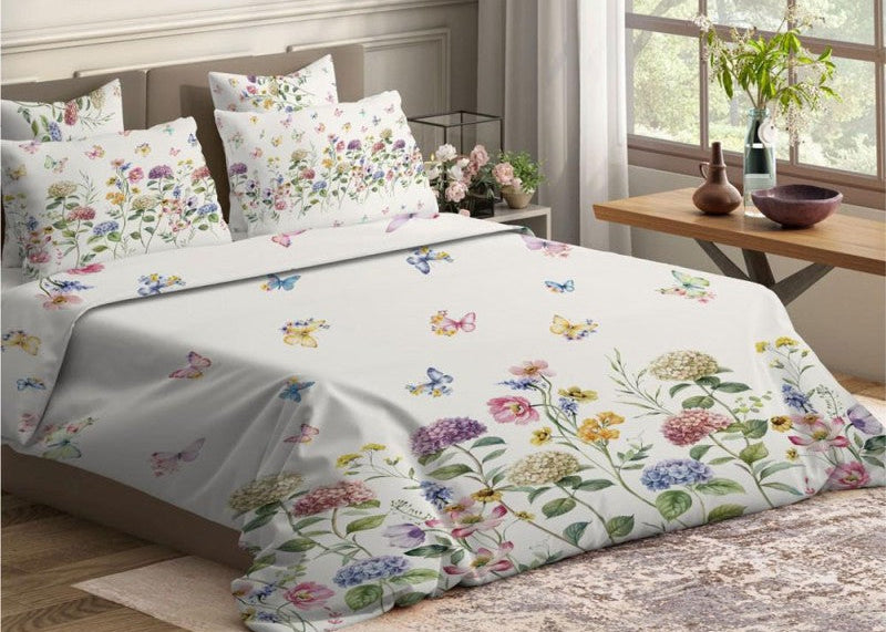 Lenzuola copriletto matrimoniale cotone disegno digitale fiori e farfalle