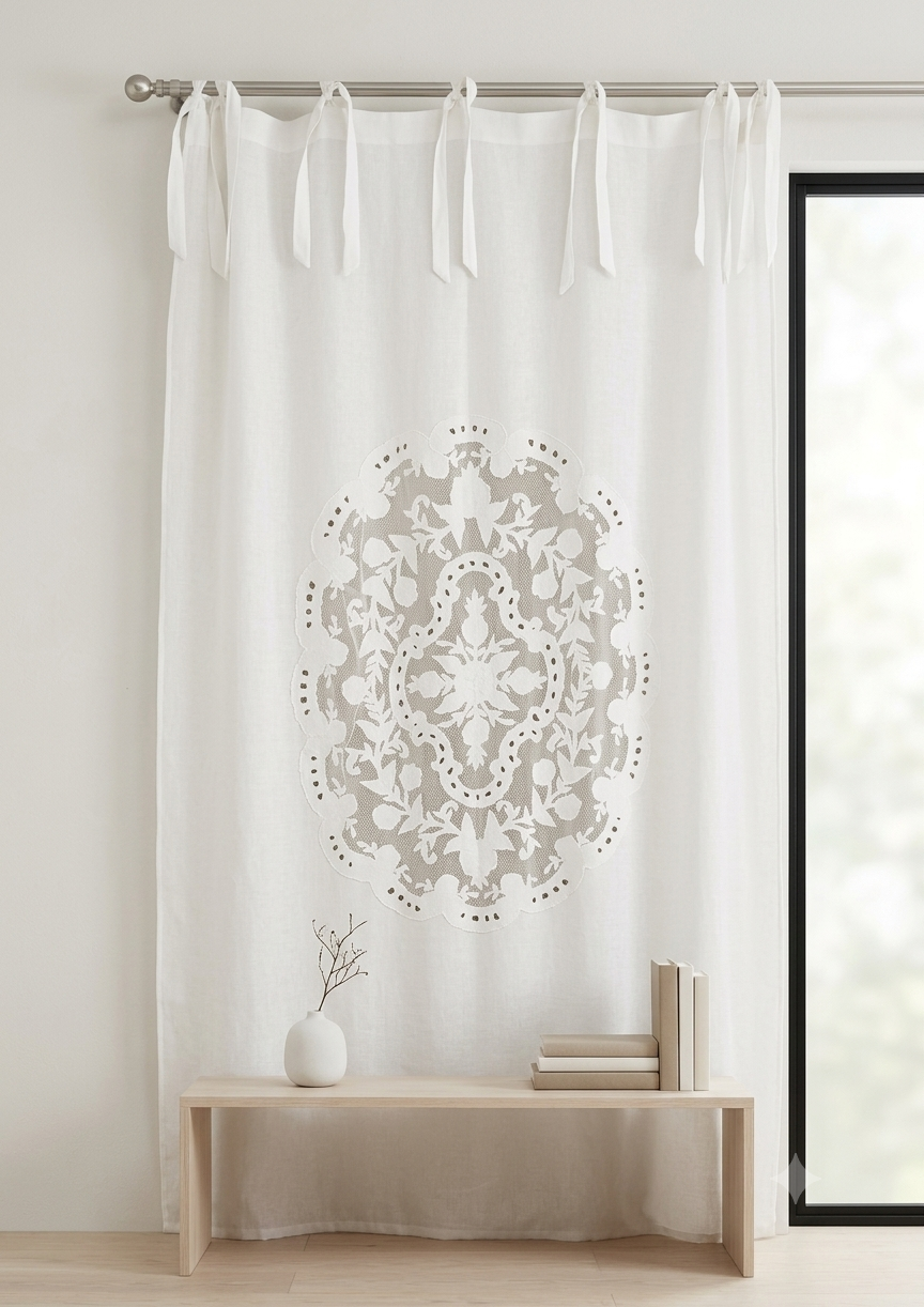 Blanc Mariclo tendone misto lino con rosone centrale ricamato serie Dentelle  cm. 140x290 h.