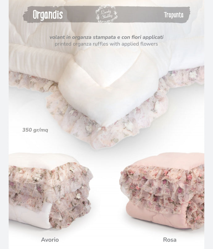 Trapunta matrimoniale invernale avorio con volant in organza