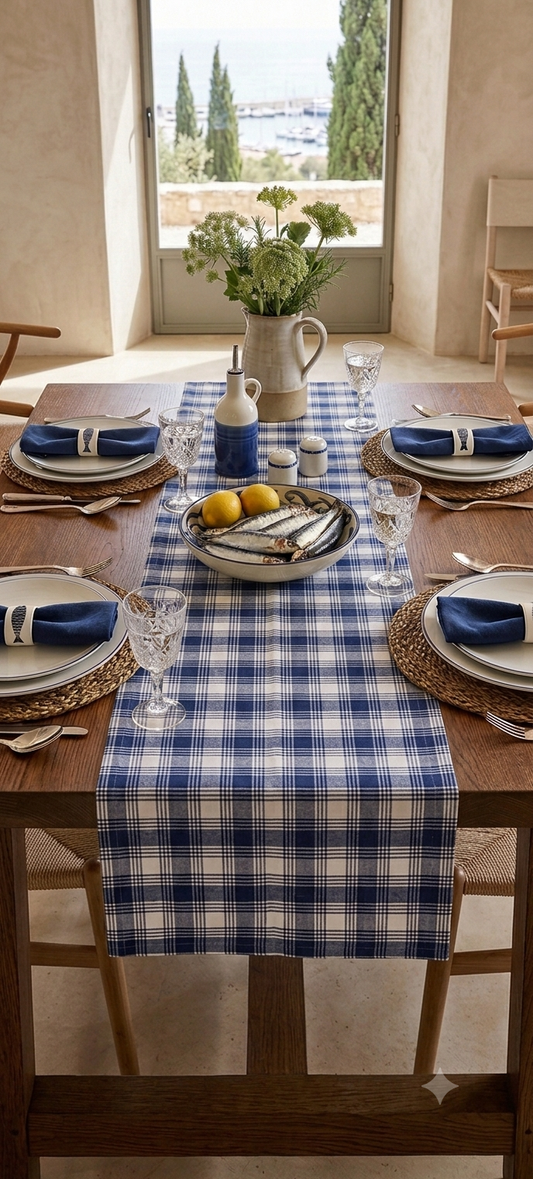 Blanc Mariclò Runner in misto cotone "Pesci tra le righe" 45x140 cm