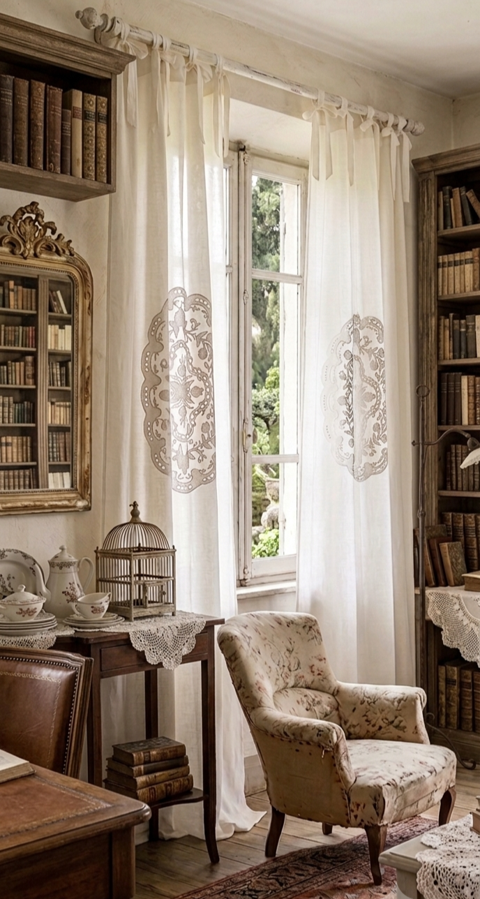 Blanc Mariclo tendone misto lino con rosone centrale ricamato serie Dentelle  cm. 140x290 h.