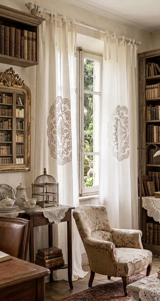 Blanc Mariclo tendone misto lino con rosone centrale ricamato serie Dentelle  cm. 140x290 h.