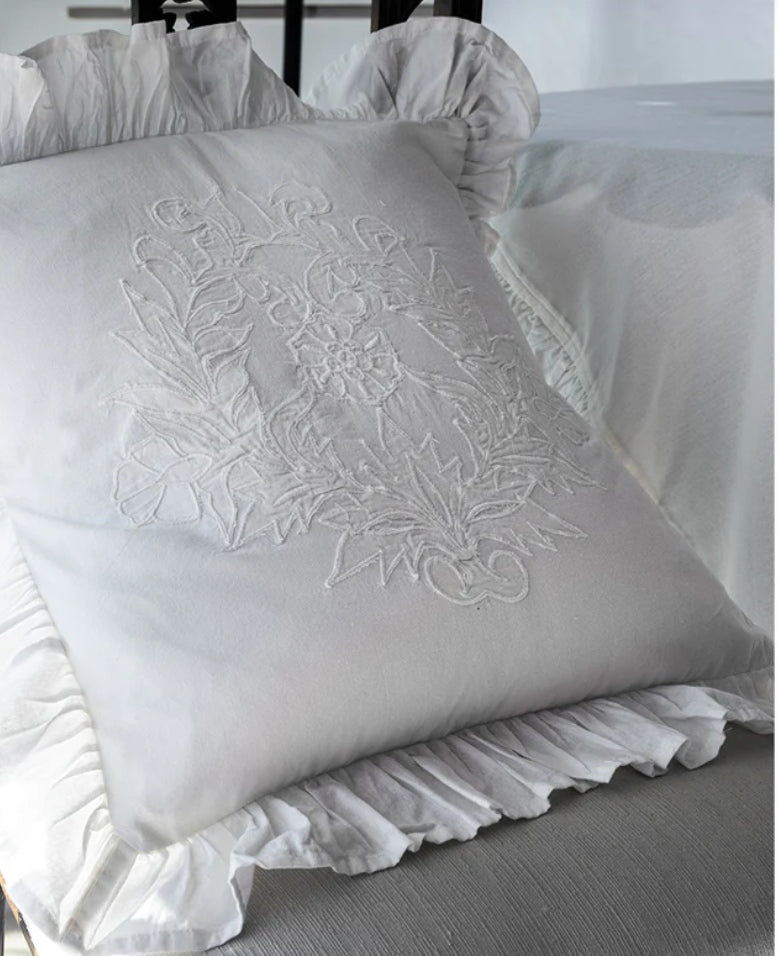 CUSCINO VOLANT E PIZZO PURO COTONE  BIANCO 40X40cm.