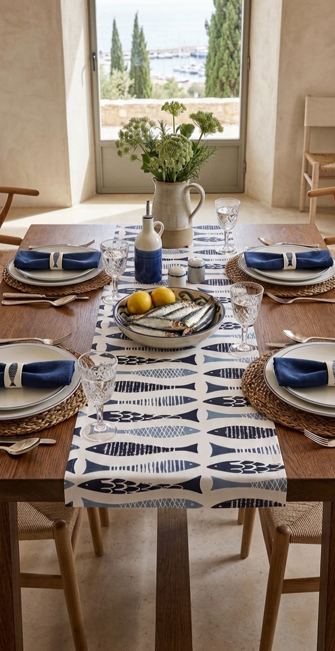 Blanc Mariclò Runner in misto cotone "Pesci tra le righe" 45x140 cm