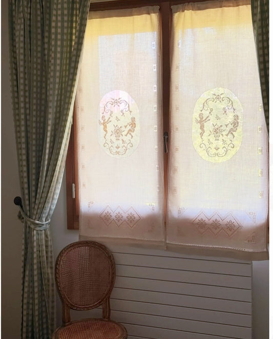 COPPIA TENDE 60X240 MISTO LINO RICAMO SFILATO SICILIANO ARTIGIANALE