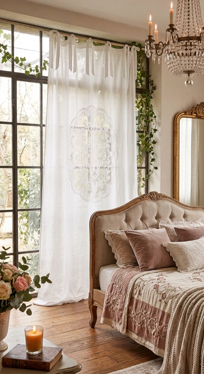 Blanc Mariclo tendone misto lino con rosone centrale ricamato serie Dentelle  cm. 140x290 h.
