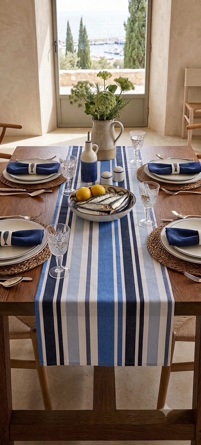 Blanc Mariclò Runner in misto cotone "Pesci tra le righe" 45x140 cm