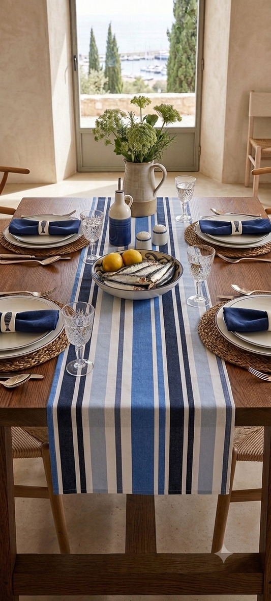 Blanc Mariclò Runner in misto cotone "Pesci tra le righe" 45x140 cm
