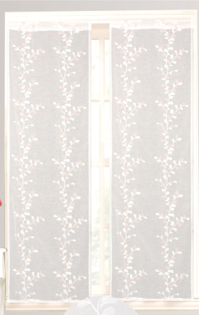 Coppia tende per portafinestra voile bianco 60x240cm. ricamo floreale